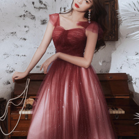 Burgundy tulle sequins long prom dress - Thumbnail 5
