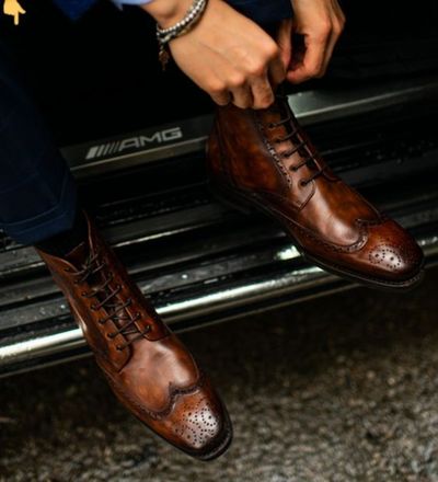 Mens Brown Leather Ankle High Oxfords Wingtip Fashion Walking Outfit Lace Up Boot
