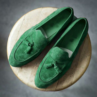 Dark Green Tone Suede Double Loafer Slips On Casual Shoes Handcraft Men Shoes - Thumbnail 4