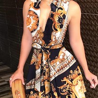 V-Neck Print Sexy Sleeveless Dress - Thumbnail 3