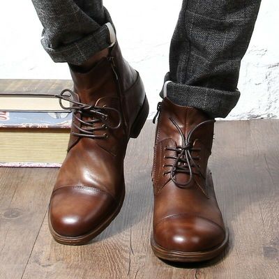 Vintage men's oxfords genuine cow leather cap toe high top ankle boots lace up - Thumbnail 3