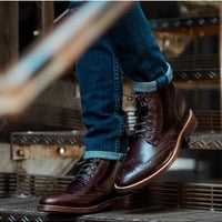 Men,s Dark Brown Wing Tip Leather Ankle Boots. Men Dress Formal Fashion Boots - Thumbnail 1