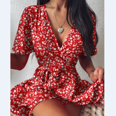 Short sleeve red v-neck dress - Thumbnail 3