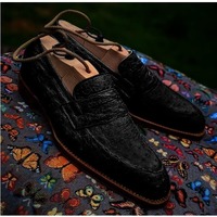 Handmade Men Black Ostrich Print Leather Dress Shoes , Business Shoes - Thumbnail 1