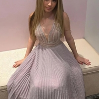 Elegant V Neck A-Line Pleated Long Prom Dress - Thumbnail 1