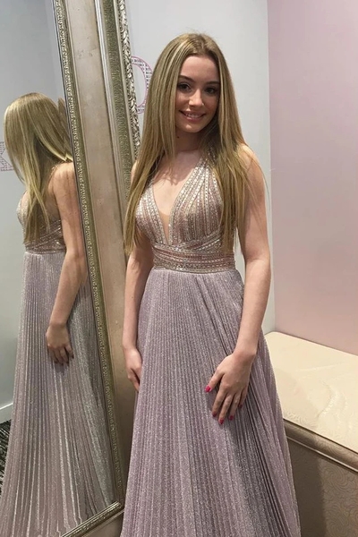 Elegant V Neck A-Line Pleated Long Prom Dress