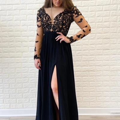 Elegant a-line v neck long sleeves chiffon long prom dresses with appliques
