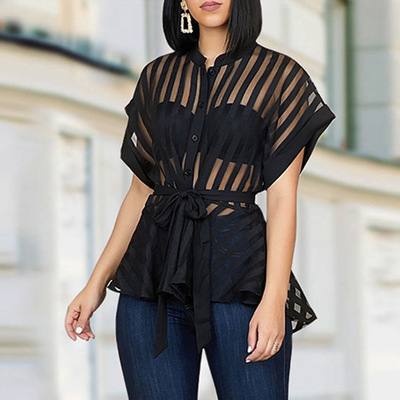 Women's striped sexy short-sleeved shirt - Thumbnail 5