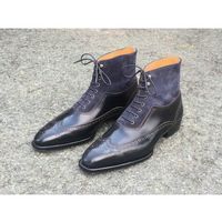 Handmade Men's Black Blue Wing Tip Ankle Boots, Men Leather Suede Dress Boots - Thumbnail 1