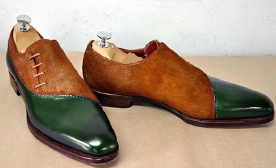 Two Tone Green Brown Contrast Real Suede Leather Rounded Derby Toe Handmade Men Shoes