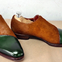 Two Tone Green Brown Contrast Real Suede Leather Rounded Derby Toe Handmade Men Shoes - Thumbnail 1