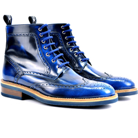 Shiny Blue Wing Tip High Ankle Brogue Toe Handmade Patent Genuine Leather Lace Up Boots - Thumbnail 1