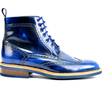 Shiny Blue Wing Tip High Ankle Brogue Toe Handmade Patent Genuine Leather Lace Up Boots - Thumbnail 2