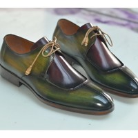 Patina Hand Painted Green Burgundy Vintage Leather Rounded Split Toe Lace Up Handmade Shoes - Thumbnail 1