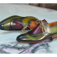 Patina Hand Painted Green Burgundy Vintage Leather Rounded Split Toe Lace Up Handmade Shoes - Thumbnail 2