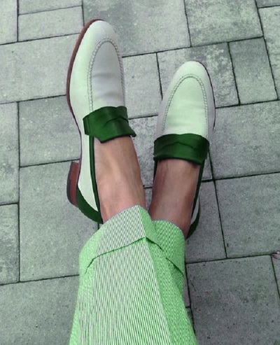 Penny Loafer Slip On Green White Cont Moccasin Genuine Leather Rounded Apron Toe Handmade Shoes