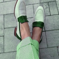 Penny Loafer Slip On Green White Cont Moccasin Genuine Leather Rounded Apron Toe Handmade Shoes - Thumbnail 4