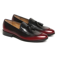 Two Tone Maroon Black Loafer Slip On Rounded Apron Toe Genuine Leather Handmade Tassel Shoes - Thumbnail 5