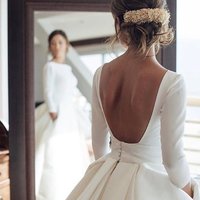 Retro Ball Gown Round Neck 3/4 Sleeves Satin Wedding Dresses - Thumbnail 1