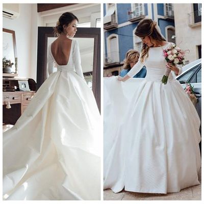 Retro Ball Gown Round Neck 3/4 Sleeves Satin Wedding Dresses