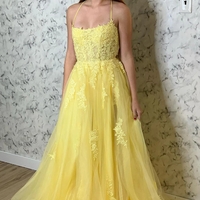Elegant Straps Yellow Long Prom Dress with Lace Appliques - Thumbnail 1