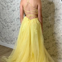 Elegant Straps Yellow Long Prom Dress with Lace Appliques - Thumbnail 2
