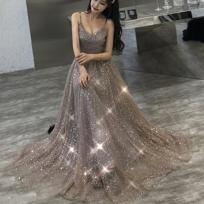 Shiny tulle sequins long prom dress evening dress - Thumbnail 4