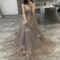 Shiny tulle sequins long prom dress evening dress - Thumbnail 5