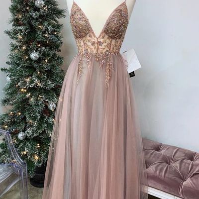 Cute v neck spaghetti straps blush pink prom dresses with beading, split evening party dresses - Thumbnail 4