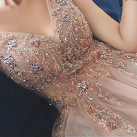 Cute V Neck Spaghetti Straps Blush Pink Prom Dresses with Beading, Split Evening Party Dresses - Thumbnail 1
