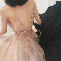 Cute V Neck Spaghetti Straps Blush Pink Prom Dresses with Beading, Split Evening Party Dresses - Thumbnail 2