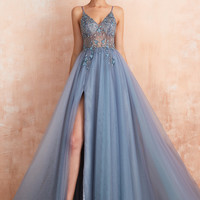 Cute V Neck Spaghetti Straps Blush Pink Prom Dresses with Beading, Split Evening Party Dresses - Thumbnail 7