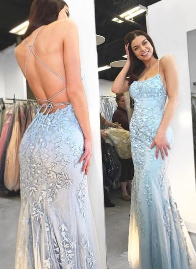 Mermaid Scoop Neck Cross Back Red Lace Prom Drseses,2020 Evening Party Dresses