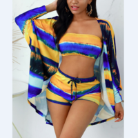 3PCS Tie Dye Print Shorts Set With Cover Up - Thumbnail 1