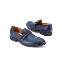 Monk Blue Real Leather Double Buckle Strap Full Brogue Patina Hand Painted Shoes - Thumbnail 1