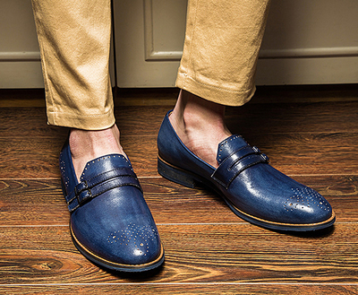 Monk Blue Real Leather Double Buckle Strap Full Brogue Patina Hand Painted Shoes