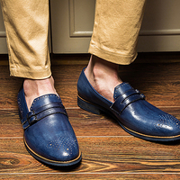 Monk Blue Real Leather Double Buckle Strap Full Brogue Patina Hand Painted Shoes - Thumbnail 4