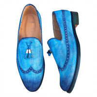 Blue Tassel Loafer Slip On Genuine Leather Wing Tip Rounded Derby Toe Handmade Shoes - Thumbnail 4