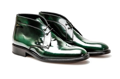 Green Chukka Patent Real Leather High Ankle Lace Up Black Sole Derby Toe Handmade Boots