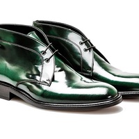 Green Chukka Patent Real Leather High Ankle Lace Up Black Sole Derby Toe Handmade Boots - Thumbnail 4