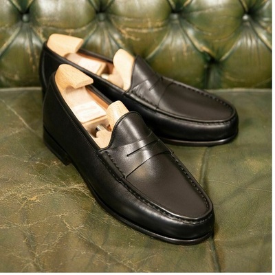 Handmade men black slip on moccasin dress shoes, men black formal dress shoes