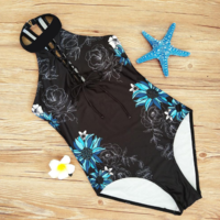 Floral Hollow One Piece Swimsuit Swimwear Lace - Thumbnail 3