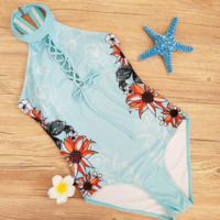 Floral Hollow One Piece Swimsuit Swimwear Lace - Thumbnail 4