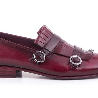 Handmade maroon double buckle strap monks fringed genuine leather burnished derby toe leather shoes