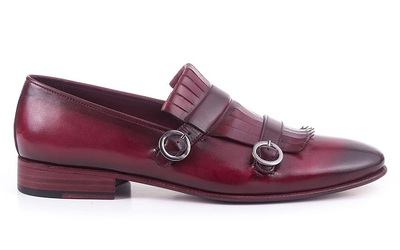 Handmade Maroon Double Buckle Strap Monks Fringed Genuine Leather Burnished Derby Toe Leather Shoes