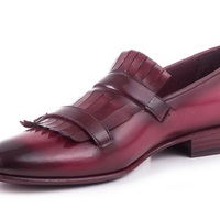 Handmade Maroon Double Buckle Strap Monks Fringed Genuine Leather Burnished Derby Toe Leather Shoes - Thumbnail 1