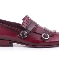 Handmade Maroon Double Buckle Strap Monks Fringed Genuine Leather Burnished Derby Toe Leather Shoes - Thumbnail 4