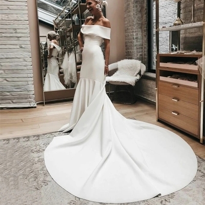 Mermaid Off-the-Shoulder Court Train White Satin Wedding Dress