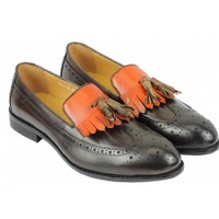 Men Two Tone Orange Black Loafer Tassel Genuine Leather Wing Tip Fringed Brogue Toe Handmade Shoes - Thumbnail 4