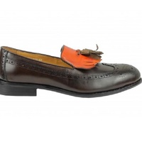 Men Two Tone Orange Black Loafer Tassel Genuine Leather Wing Tip Fringed Brogue Toe Handmade Shoes - Thumbnail 1